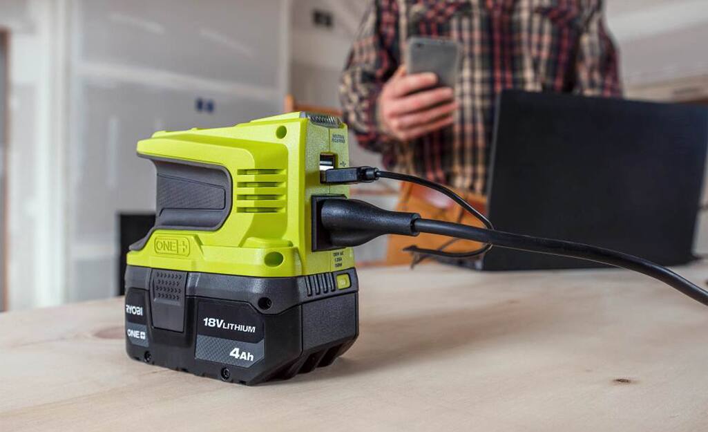 A lithium battery pack undergoes recharging. A lithium battery pack undergoes recharging.