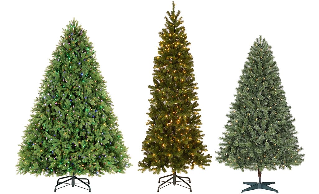 Three artificial Christmas trees in full, slim and medium widths. Three artificial Christmas trees in full, slim and medium widths.