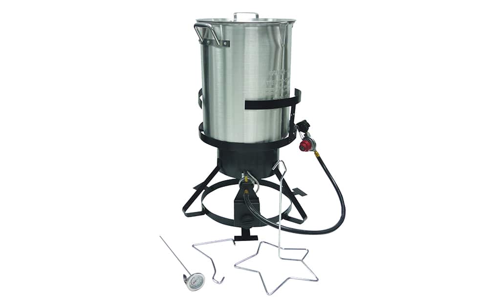 An outdoor deep fryer with a lid, lifting tool and removable thermometer. An outdoor deep fryer with a lid, lifting tool and removable thermometer.