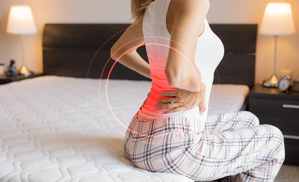 Someone having back pain while sitting on a mattress. Someone having back pain while sitting on a mattress.