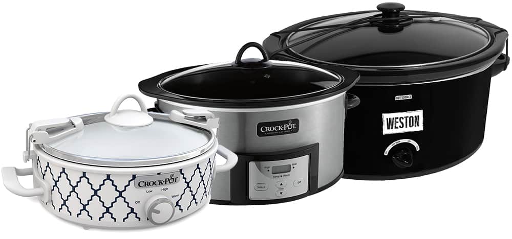 Three different slow cooker sizes on a white background. Three different slow cooker sizes on a white background.