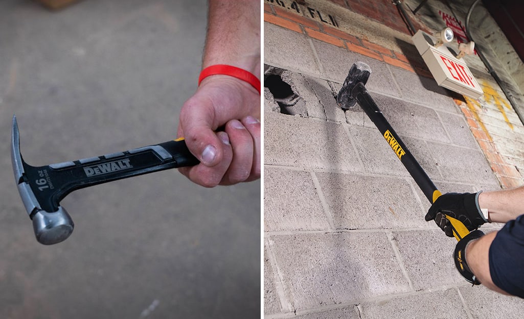 A man holds a hammer and another man uses a sledgehammer. A man holds a hammer and another man uses a sledgehammer.