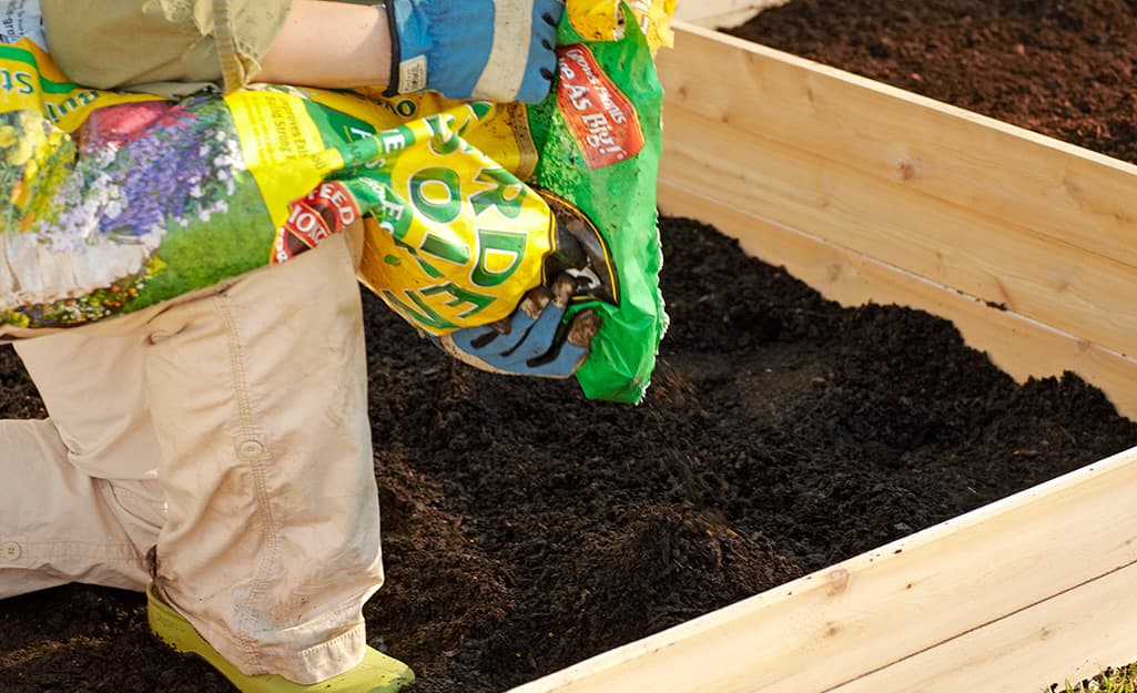 A person adding soil to a raised garden bed. A person adding soil to a raised garden bed.