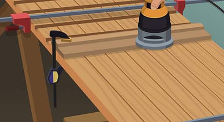 Illustration of someone cutting lumber into shelving risers. Illustration of someone cutting lumber into shelving risers.