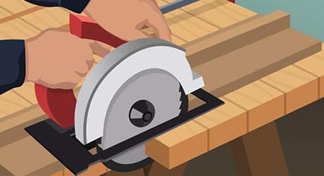 Illustration of someone trimming shelf risers using a circular saw. Illustration of someone trimming shelf risers using a circular saw.