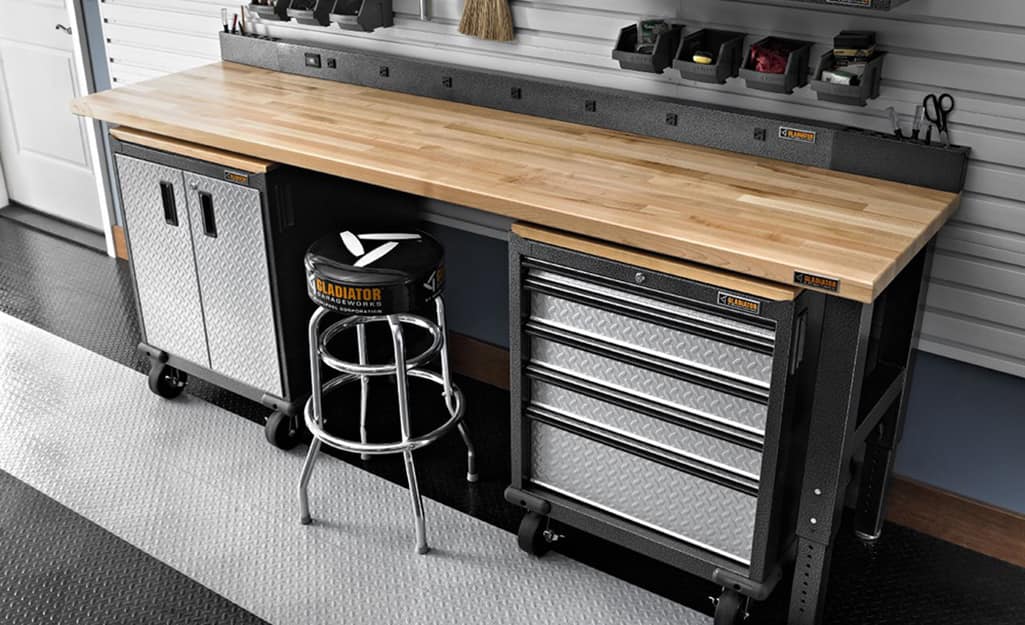 A workbench with a wood top. A workbench with a wood top.
