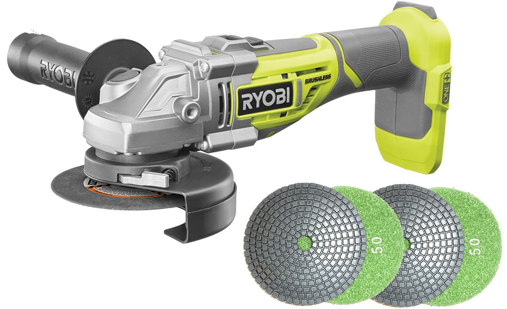 An angle grinder and diamond-grit polishing pads against a white background. An angle grinder and diamond-grit polishing pads against a white background.