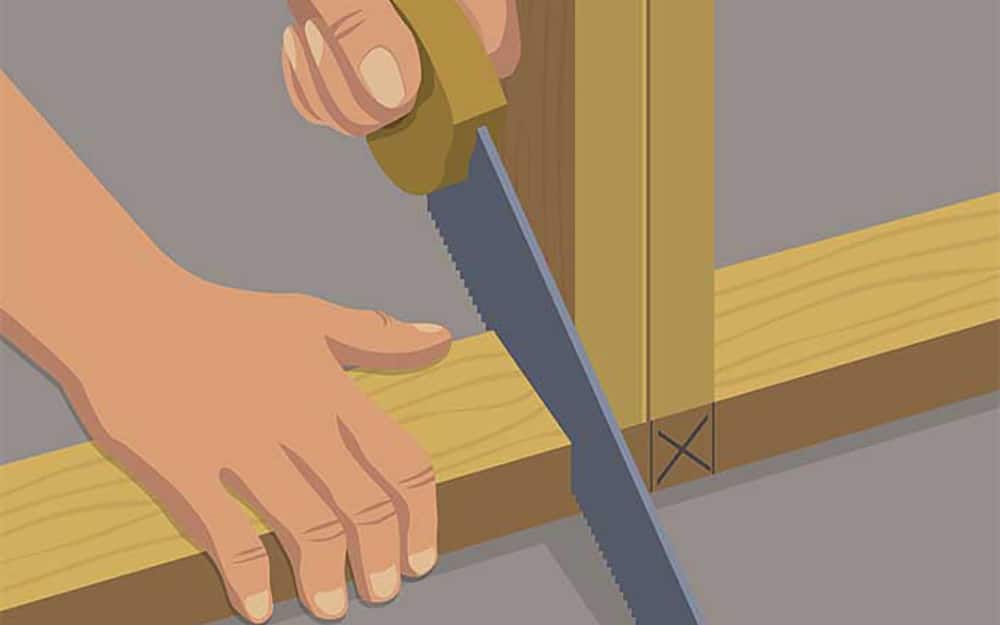 illustration of a person using a saw to cut a portion of the sole plate illustration of a person using a saw to cut a portion of the sole plate