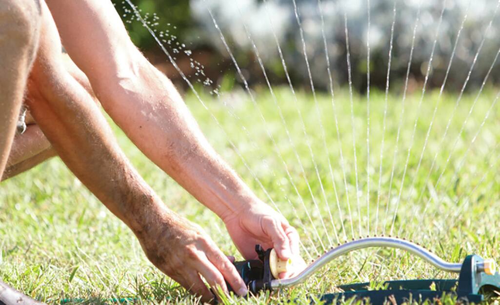 A person adjusting a lawn sprinkler. A person adjusting a lawn sprinkler.