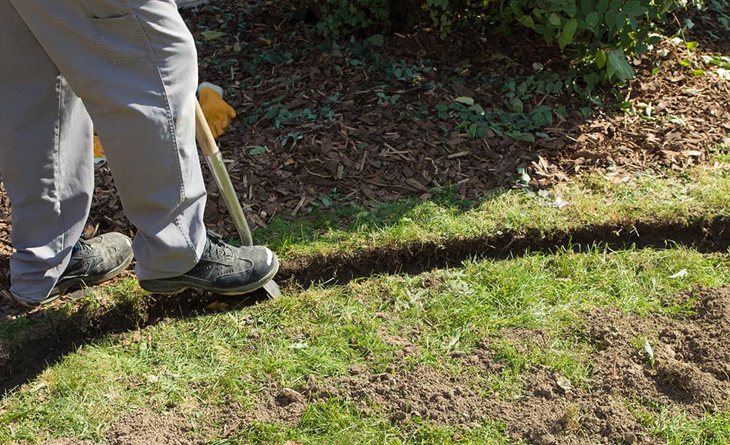 A person digging a narrow trench along a garden bed for the landscape lighting cable. A person digging a narrow trench along a garden bed for the landscape lighting cable.