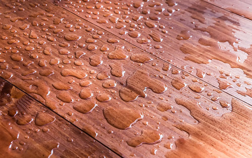 Water droplets stand on deck boards. Water droplets stand on deck boards.