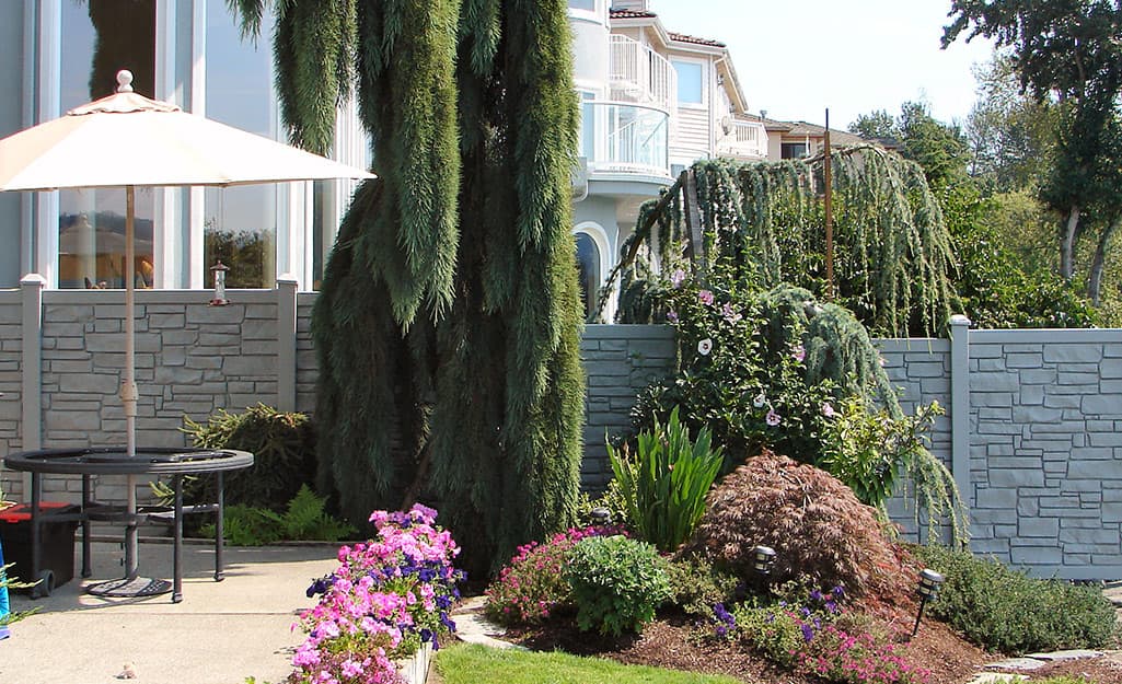 A gray privacy fence that looks like stone divides two yards A gray privacy fence that looks like stone divides two yards