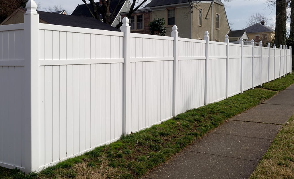 A white privacy fence stands next to a sidewalk A white privacy fence stands next to a sidewalk