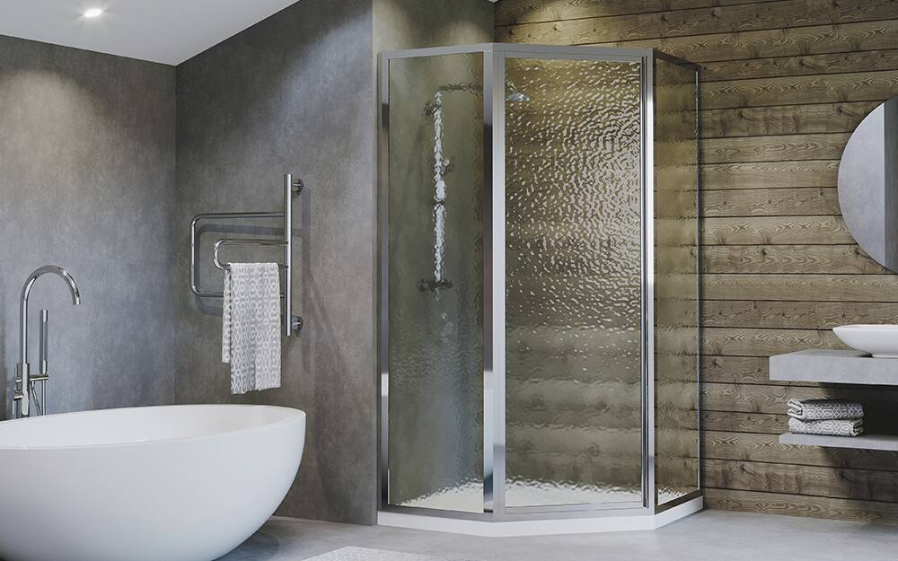 A modern bathroom with a neo-angle shower. A modern bathroom with a neo-angle shower.