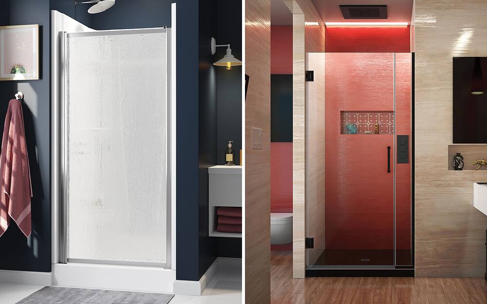 A comparison of a shower with frosted glass doors and a shower with a clear glass door. A comparison of a shower with frosted glass doors and a shower with a clear glass door.