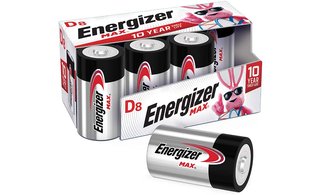 A package of D-cell alkaline batteries. A package of D-cell alkaline batteries.