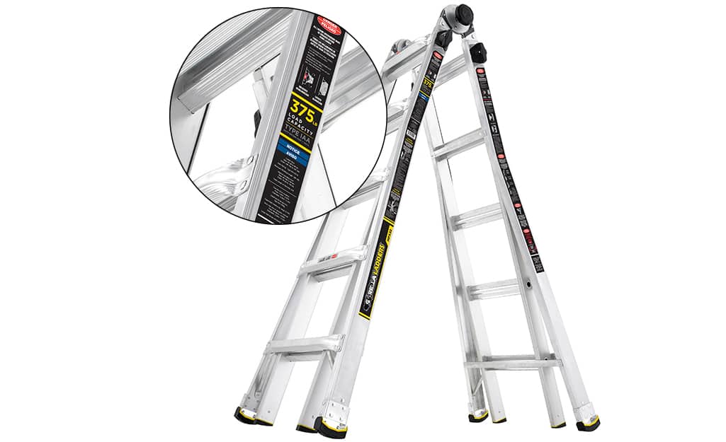 A step ladder with a label indicating its ladder duty rating. A step ladder with a label indicating its ladder duty rating.