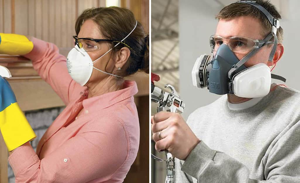 A side by side photo of a man and a woman wearing different types of respirators. A side by side photo of a man and a woman wearing different types of respirators.