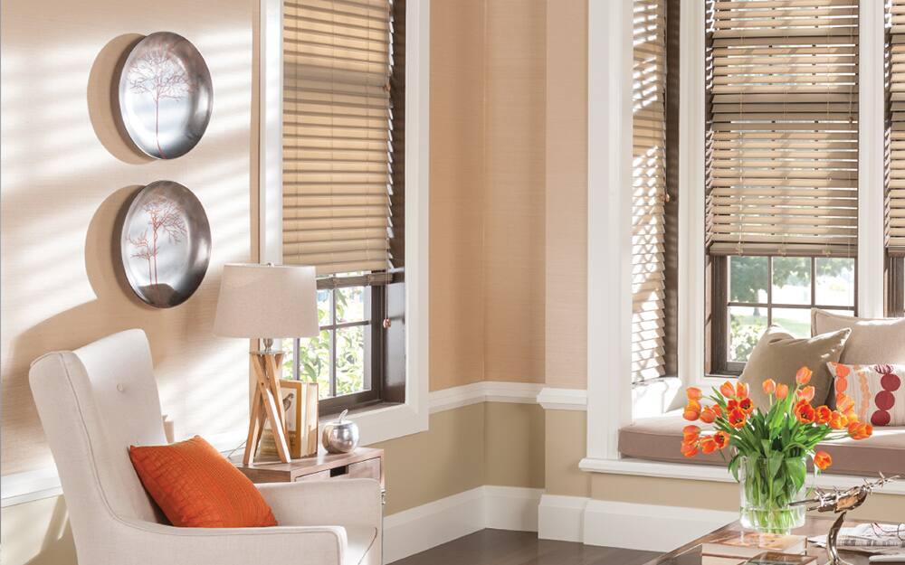 Plates hung as wall art in a sitting area with tall windows and a chair.