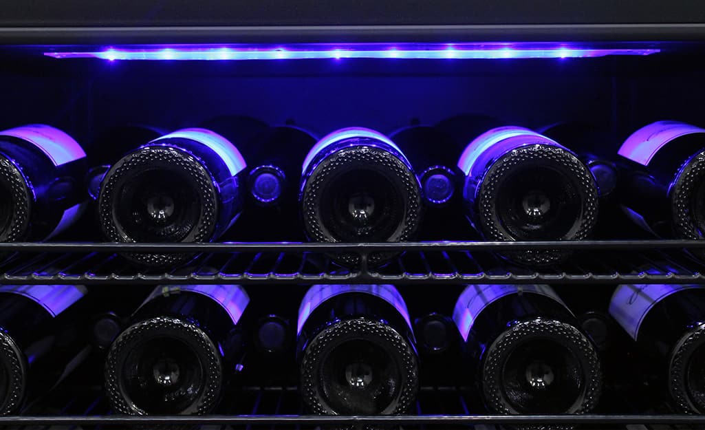 A wine cooler features special lighting to reduce UV exposure. A wine cooler features special lighting to reduce UV exposure.