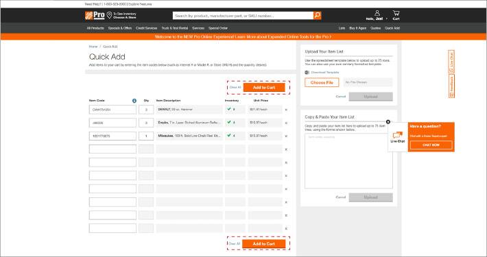 Quick Add Items By Product Code The Home Depot Pro