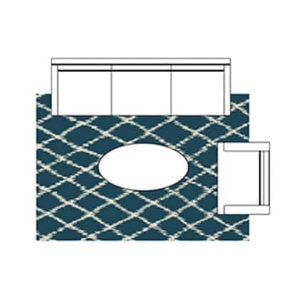 Clip art image of a 8 ft x 10 ft rug is shown with a 3 section couch & armchair situated around the rug. There is an oval coffee table in the center.