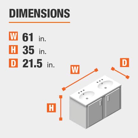 The dimensions of this bathroom vanity are 61.00 in. W x 35.00 in. H x 21.50 in. D
