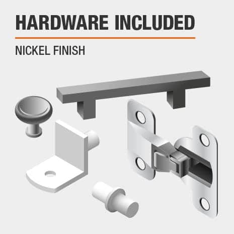 Bath vanity includes hardware with a nickel finish
