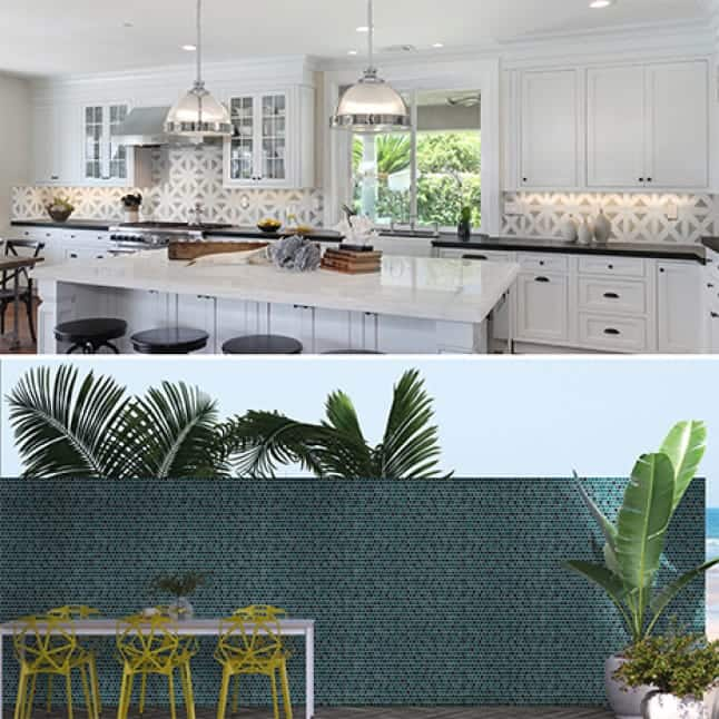 Lifestyle images showing the mosaics installed in indoor and outdoor settings.