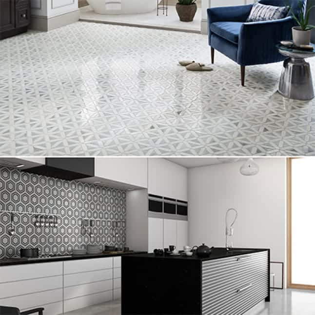 Lifestyle images showing the mosaics installed on both, floor and wall applications.