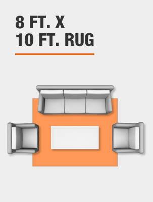 8 foot by 10 foot rug with living room furniture