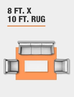 8 foot by 10 foot rug with living room furniture