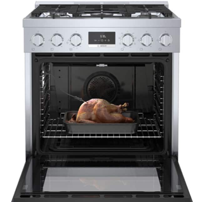 Bosch industrial-style range large oven capacity with halogen light.