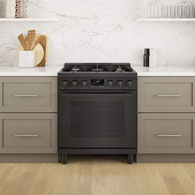 Bosch 30-inch freestanding industrial-style range in black stainless steel.