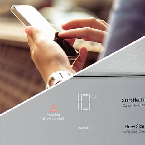 Split screen showing talent interacting with phone, and the control panel of the refrigerator