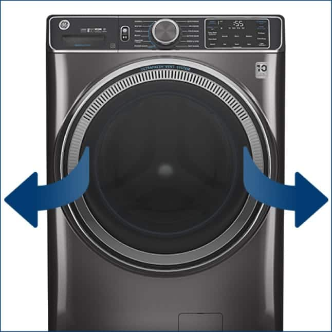 Arrows over the front of the washer depict both ways that the door can open to accommodate all laundry rooms.