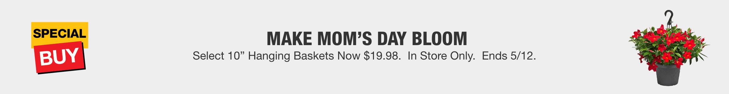 MAKE MOM'S DAY BLOOM - Select 10" Hanging Baskets Now $19.98.  In Store Only.  Ends 5/12.
