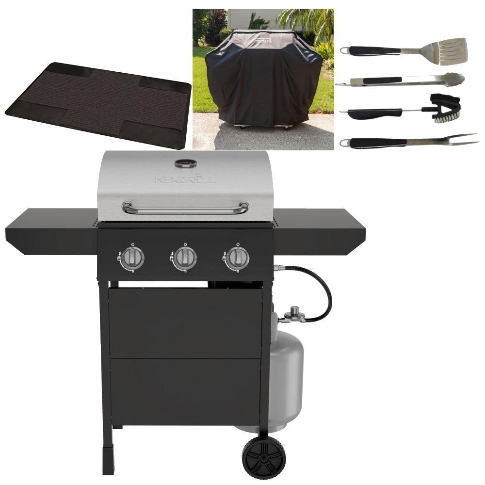 3 Burner Propane Gas Grill in Black and Stainless Steel Main Lid Package The Home Depot