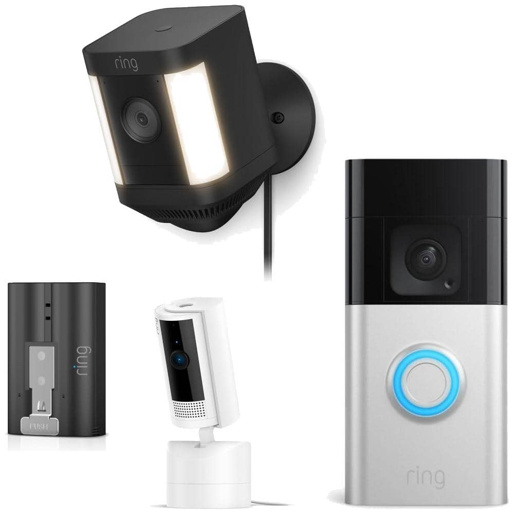 Spotlight Cam Plus, Plug-In - Smart Security Video Camera with LED Lights, 2-Way Talk, Color Night Vision, Black logo.