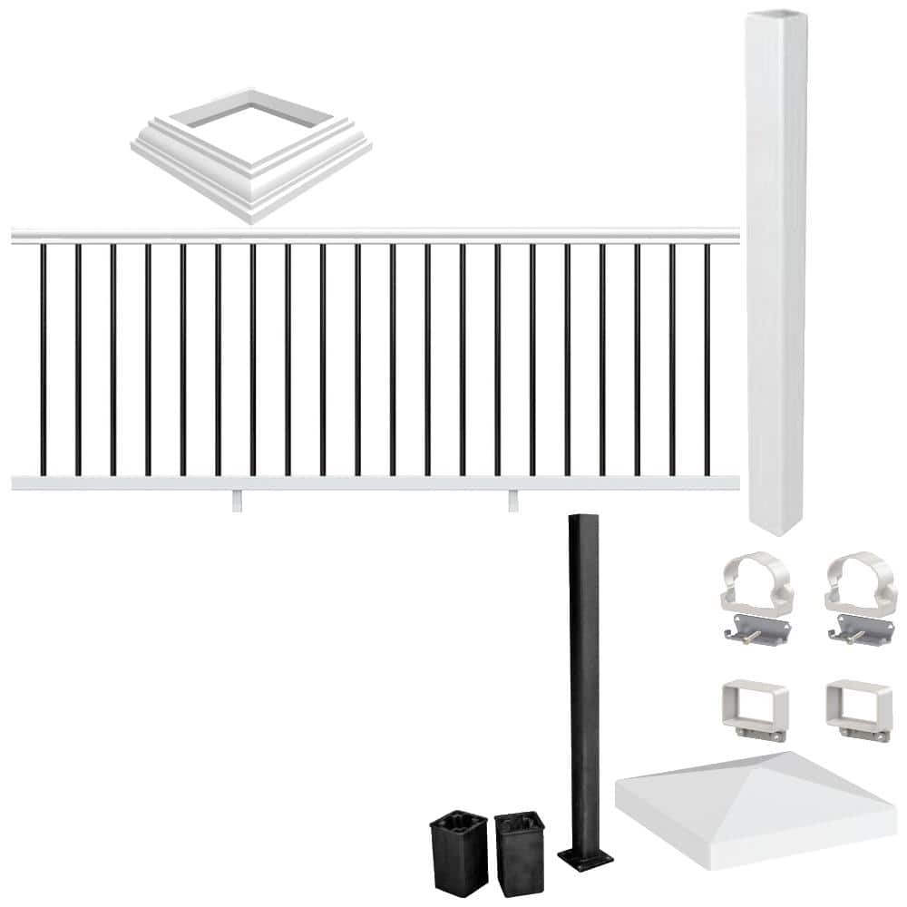 8ft. White PolyComposite Vinyl Rail Kit with Black Balusters Bundle ...